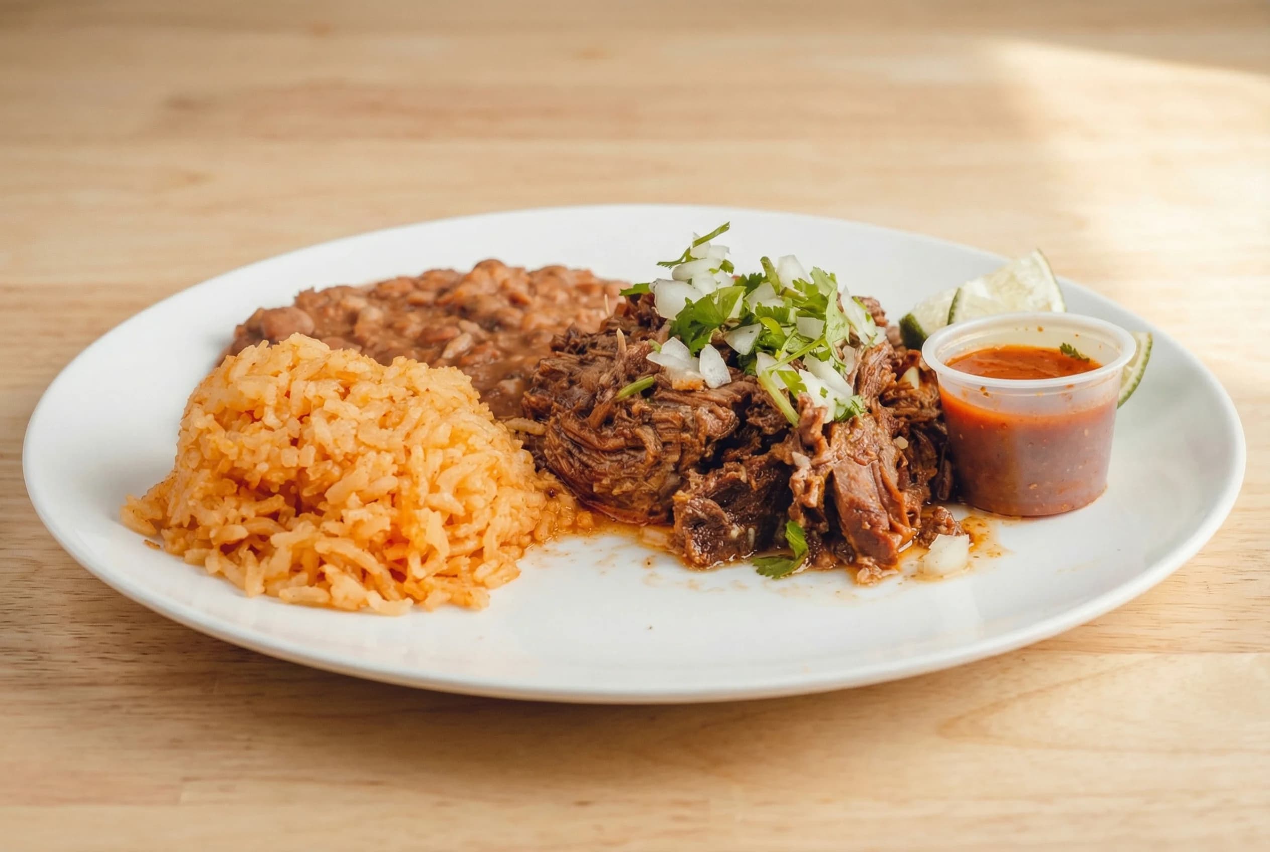 Birria plate with rice, beans, and salsa